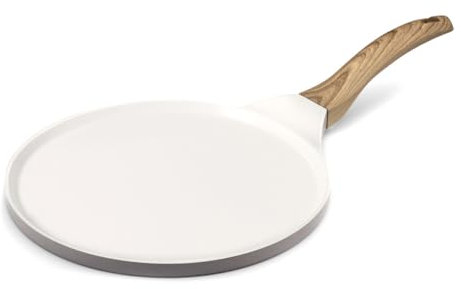 Cuisinox - Mythic - Crépière 25.7 cm avec revêtement en céramique Blanche - Poignée Fixe Soft Touch Effet Bois - sans PFOA et PFAS - Coloris Blanc et Gris