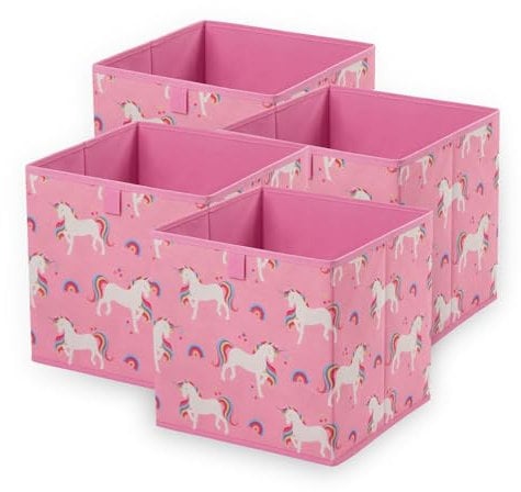 OHS Pack of 4 Foldable Fabric Storage Boxes For Kids, Space Saving Storage Baskets Home Organiser Toys Clothing Bathroom Pop Up Collapsible Unicorn Print Girls Cube Storage, Pink