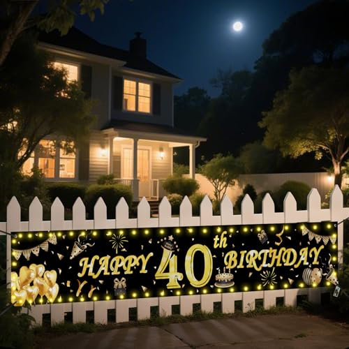 Seutgjie Deko 40 Geburtstag Banner mit LED Lichtband für Frauen Männer 40 * 270CM Hintergrund Dekoration Gold Schwarz