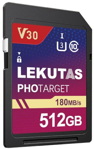 LEKUTAS 512 GB UHS-I-Speicherkarte – bis zu 200 MB/s Lesegeschwindigkeit | Class 10, C10, U3, V30, 4K UHD, Full-HD 4K Video, für Canon Nikon Sony Panasonic DSLR, spiegellose Kameras