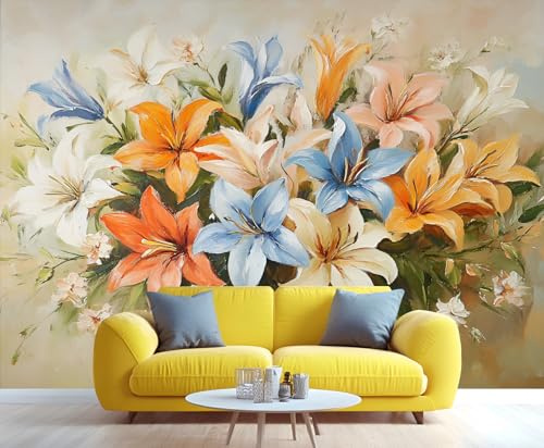 YXQAIED Lilien-Tapete, bunte Blume, Schlafzimmer, Wandpapier, nicht selbstklebende Glasvase, Blumenstrauß-Tapete für Wohnzimmer, französische Blumen, Wohnung, Wandbilder und Raumdekoration, 200 x 140