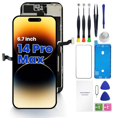 Genverdix Display für iPhone 14 Pro Max – 6.7 Zoll FHD DIY 3D Touch Bildschirm Reparaturset, Vollständig Kompatibel mit Face ID, Lebendige Farben, Hohe Auflösung