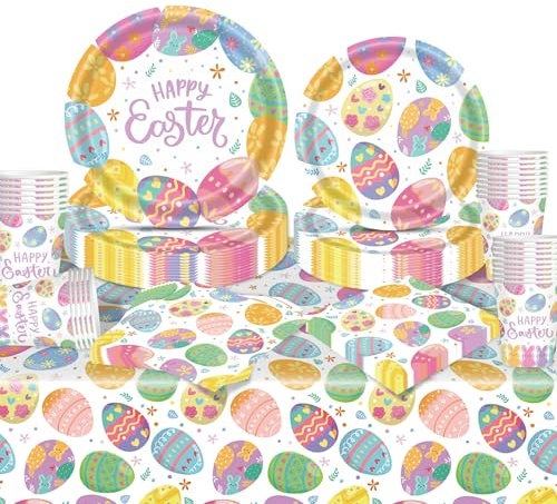 81 Pcs Easter Party Tableware Set, Easter Party Decorations with Easter Paper Plates Cups Tablecloth Napkins, Easter Egg Tableware Decorations Party Supplies