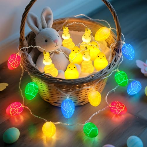 Ninonly Ostern Lichterkette mit Hasen Küken Geknackten Eiern, 3m 20 LED Ostereier Batteriebetrieb Lichterkette, 2 Modi Osterdekoration für Innen Party Hof Schlafzimmer
