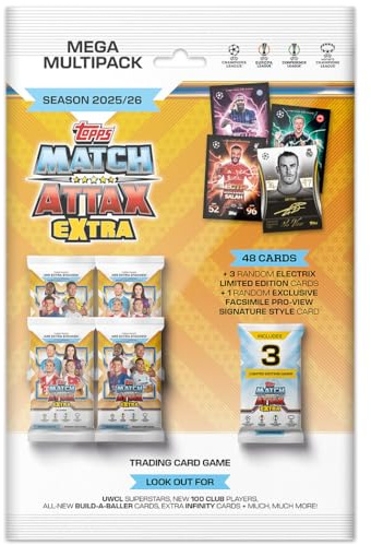 Topps UCC Match Attax Extra 2026 - Mega Multipack - enthält 48 Karten sowie 3 zufällige Electrix-LE-Karten und eine zufällige Facsimile Pro-View Signature-Style-Karte.