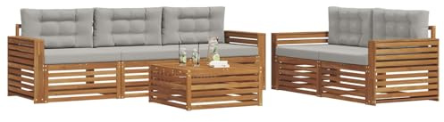 vidaXL Outdoor-Sofagarnitur mit Kissen 6 pcs Natürlich und Hellgrau, Garten, modernes Outdoor-Sofa, gemütliche Terrassen-Sitzgruppe aus robustem Material