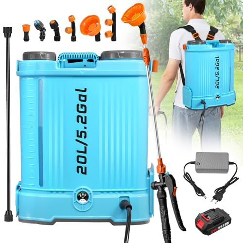 Viugreum 20L Pulverizador de Mochila Eléctrico, 21V Pulverizador de Jardín Eléctrico con 6 Boquillas de Nebulización, Lanza Telescópica y Correa Ajustable para Riego, Irrigación y Mantenimiento