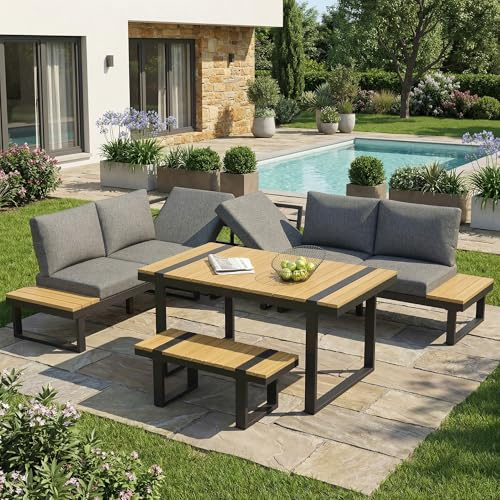 kowdom Gartenmöbel Set Lounge für 8 Personen, Terrassenmöbel mit 5-Fach Verstellbarer Liegefunktion, inkl. Esstisch, Bank & Sofa – wetterfest für Terrasse, Balkon, Garten