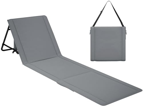 UDPATIO Strandmatte mit Rückenlehne 195 cm, Strandstuhl, Verstellbare Strandliege Klappbar Leicht, Faltbare Sonnenliege für Strand, 150kg Belastbar, Sonnenmatte Gepolstert mit Tasche, Grau