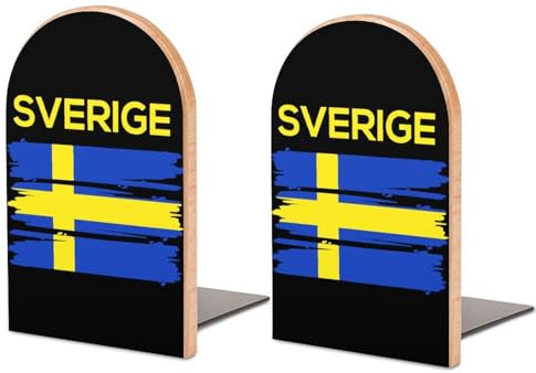 Sverige Sweden Swedish Flag Book Ends Wood Non-Slip Books Stand Book Holders Book Stopper Organizer for Shelves Home Office