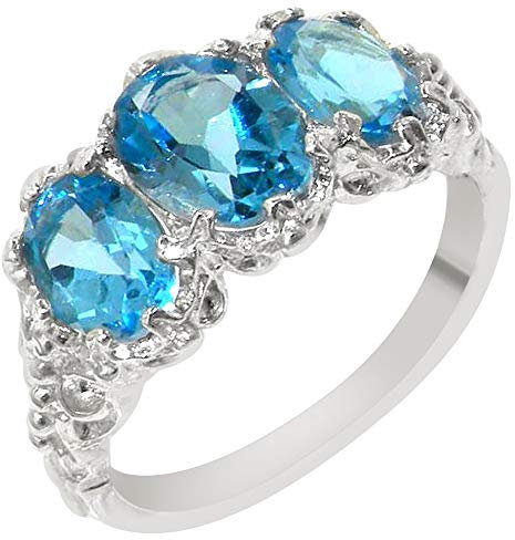 Damen Ring Solide 10 Karat (417) Weißgold mit Blautopas - Verfügbare Größen : 47 bis 68