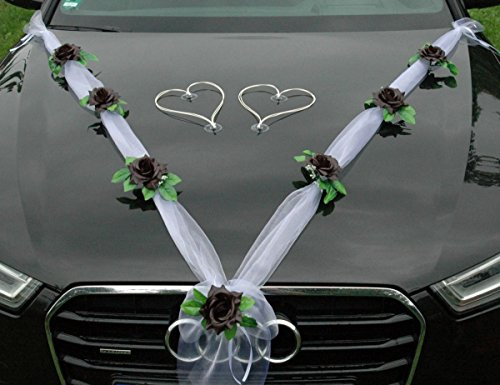 ORGANZA M + HERZEN Braut Paar Rose Deko Dekoration Autoschmuck Hochzeit Car Auto Wedding Deko Ratan Girlande ®Auto-schmuck PKW (Schwarz/Weiß/Weiß)