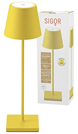 SIGOR Nuindie - Dimmbare LED Akku-Tischlampe Indoor & Outdoor, IP54 spritzwassergeschützt, Höhe 38 cm, aufladbar mit Easy Connect, 12 h Leuchtdauer, sonnengelb