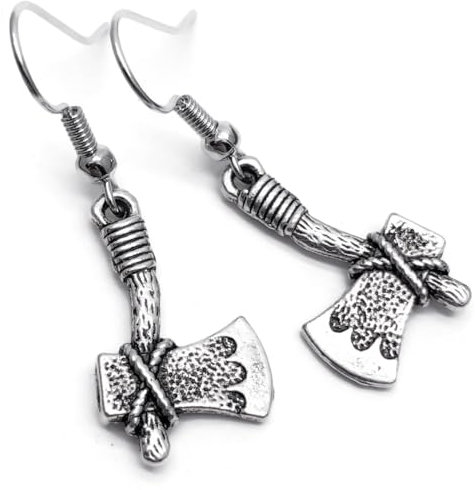 Rustic Axe Charm Earrings, Tibetan Silver Charms on Nickel Free Antique Silver Tone Hooks : 38mm long, Halloween Drop Earrings, Fun Gift for Women