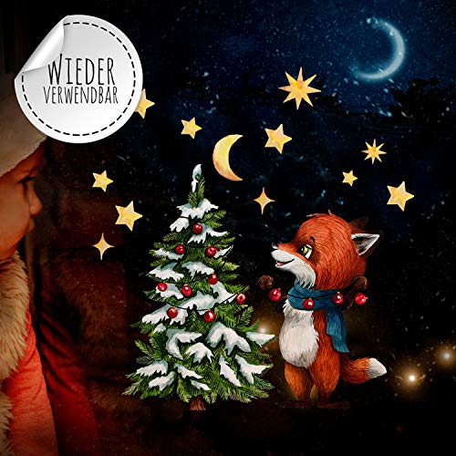 ilka parey wandtattoo-welt Fensterbild Weihnachtsdeko Weihnachten Fuchs Sterne -wiederverwendbar- Fensterdeko Winter Fensterbilder Kinder bf72 - ausgewählte Größe: *2. Fuchs mit Weihnachtsbaum*