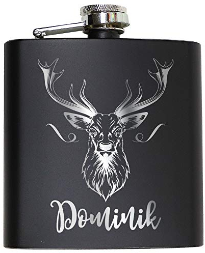 Hirsch Flachmann Schwarz mit persönlicher Namens Gravur Geschenk Männer Jäger Alkohol Individuell eigener Name