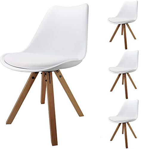 Cepewa Retro Designer Stühle | 4er Set | weiße Sitzschale mit Polster in Leder Optik | Holzbeine Natur | sehr stabil |