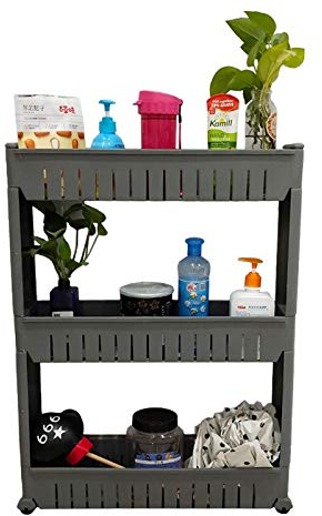 HYGRAD Grey Slim Slide Out Kitchen Trolley Rack Holder Storage Shelf Organiser Moving Wall Cabinets Tower Holder Rack on Wheels 3 Tier (3 Tier Grey)