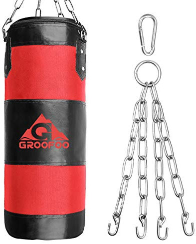 GROOFOO Boxsack Kinder Hochleistungs Oxford Boxsack für Kinder, Jugendliche und Erwachsene, UNGEFÜLLTE Tasche mit Mount Chain Heavy Duty Pouching Bag für Boxtraining MMA Muay Thai (Rosso, 100 * 33CM)
