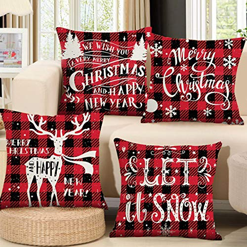 Kissenbezug Weihnachten Satz Von 4 - Rot Schwarz Tartan Kissenbezug 45x45 Weihnachten, Leinen Weihnachten Design Weihnachtskissenbezug Für Sofa Wohnzimmer Weihnachtsdeko Innen Christmas Decorations