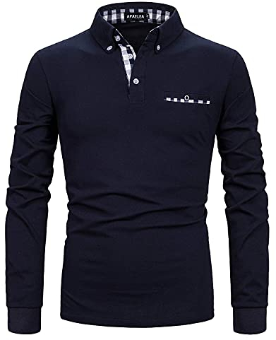 APAELEA Poloshirt Herren Langarm Baumwolle Golf T-Shirt Casual Tops,Navy blau,L