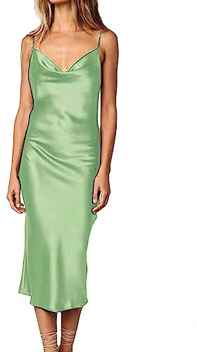 HAHAEMMA Robe décontractée sans manches en satin à bretelles spaghetti pour cocktail, plage, soirée, cowl, col de cowl à pois, Vert clair moyen, XL