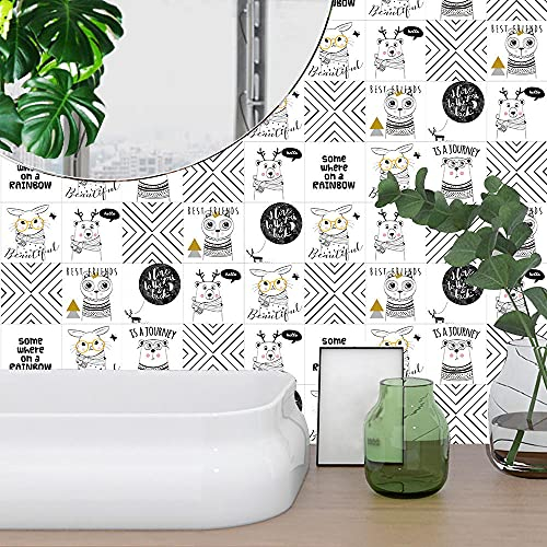 Fliesenaufkleber 20x20 Weiße Comic-Tiere Mosaikfliesen Selbstklebend Tapete Folie für Backsplash Fliesen Küchenrückwand Hart Badezimmer Bad Küche Deko Fliesenfolie10P