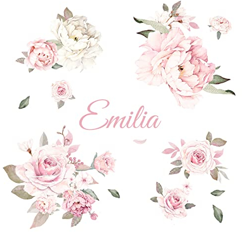 Little Deco Wandaufkleber Rosen & Wunschname I Wandbild 52 x 26 cm (BxH) I Wandtattoo Kinderzimmer Babyzimmer Wandsticker Mädchenzimmer Blumen Aufkleber DL752