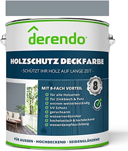 derendo Holzfarbe grau außen wetterfest Wetterschutzfarbe Langzeitschutz 2,5L RAL 7001 seidenglänzend Holzlack silbergrau Außenbereich Holzschutzlasur hohe Deckkraft