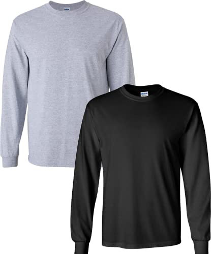 Gildan Mens Ultra Cotton Long Sleeve T-Shirt, Style G2400, Multipack, Sport Grey/Black (2-pack), XXL