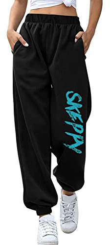 Innerternet Pantalones de deporte para mujer, de algodón, de cintura alta, elásticos, estilo boyfriend, azul, XXXL