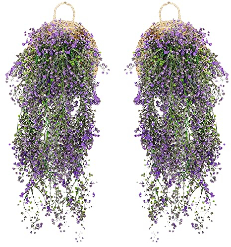2 Stück Künstliche Blumen an der Wand, Hängende Blumen, Terrasse Künstliche Blumen, Kunstblumen für den Außenbereich, 85cm Künstliche Hängepflanzen für Haus, Garten, Hochzeit(Lila)