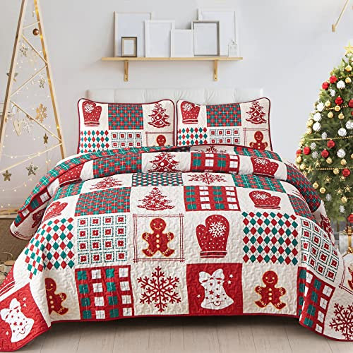 WONGS BEDDING Tagesdecke 220x240 Weihnachts Bettüberwurf Rotes Patchwork Doppelseite Wohndecke Schneeflocke Weihnachten Überdecke für Schlafzimmer Stepp Decke mit 2 Kissenbezüge 50x75cm