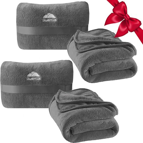 BlueHills 2er-Pack Reisedecke & Kissen im Softcase, Kuscheldecke mit Gepäckgurt, ideal für Flugreisen & lange Fahrten, Grau M21