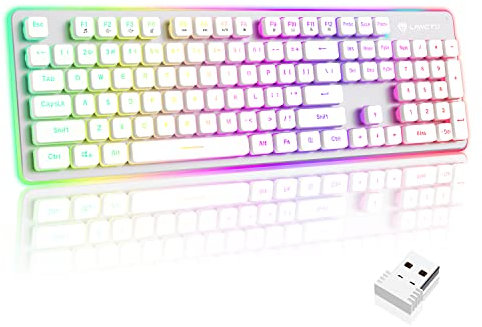 LANGTU W1 - Tastiera wireless da gioco, ricaricabile, 2,4 G, con retroilluminazione a LED, con pannello in metallo, tastiera wireless a 104 tasti, per Windows, laptop, desktop, ufficio