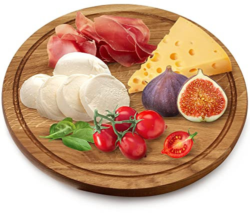 KADAX Rundes Schneidebrett aus Eiche, antibakterielles Jausenbrett, Holzschneidebrett mit speziellen Vertiefungen, Frühstücksbrettchen, Schneidunterlage (Durchmesser 40cm)