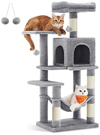 Feandrea Arbre à Chat Hauteur 112 cm, Tour de Jeux pour Chats, avec 4 Poteaux à Griffer, 2 Plateformes, 1 Niche, 1 Hamac, 2 Pompons, en Tissu Peluche, Multi-Niveaux, Gris Clair PCT261W01
