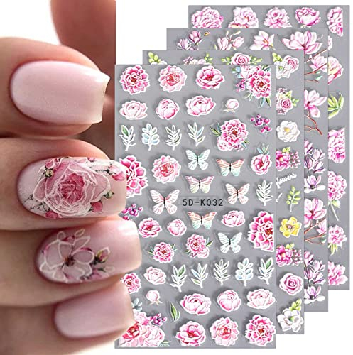 jmeowio Adesivi 3D in rilievo con fiori primaverili adesivi per nail art decalcomanie autoadesive 5D colorato estivo floreale forniture per unghie accessori per decorazioni per nail art 4 fogli