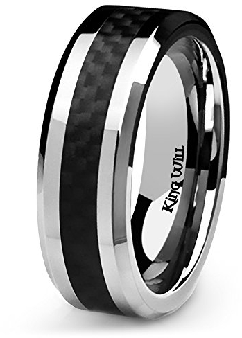 King Will GENTLEMAN 7MM Mens Titanium Ring Black Carbon Fiber Inlay Comfort Fit Polished Wedding Band (10.5)