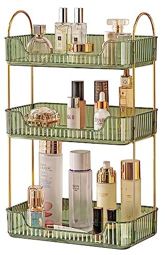 Bathroom Organiser Countertop, Vanity Trays for Bathroom, Skincare Makeup Organiser Shelf, Vanity Organiser, Bathroom Counter Shelf for Cosmetics, Toiletries, Lotions, Perfumes (3 Tiers, Green)