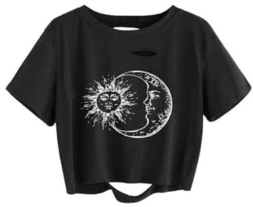 Sofia's Choice Damen Crop Top T Shirt Kurzarm Sonne Mond Bauchfrei Oberteil Ripped Tee Schwarz L