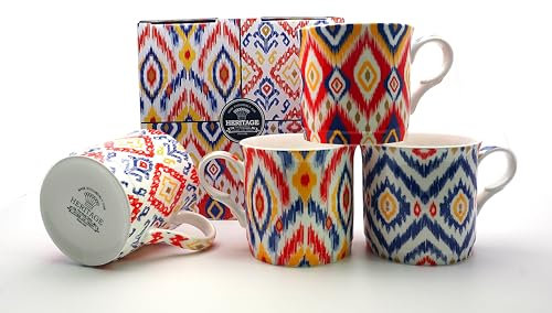 heritage FINE Bone China Set of 4 Mugs Gift Boxed Ikat Design Mugs Free UK DELIVERY