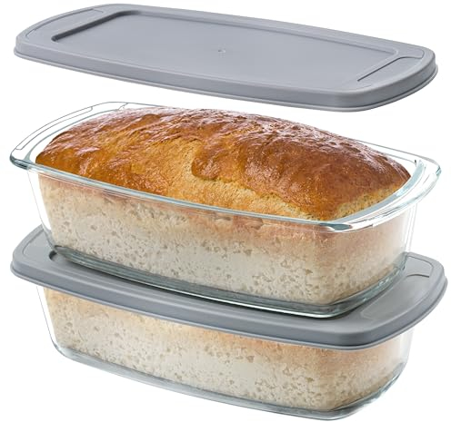 Winter Shore Pack de 2 Molde Rectangular para Pan de 1,8 L - Bandeja Horno Cristal Antiadherente con Tapa de Plástico Sellada y Asas - Apta para Microondas, Horno, Congelador, Lavavajillas, Sin BPA