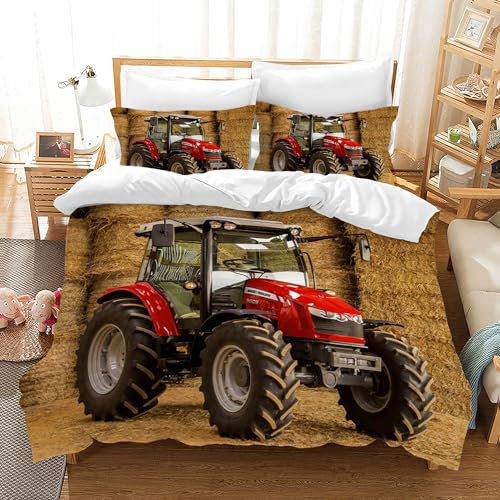PQCXXA Kinder Traktor Bettwäschem Traktoren bettwäsche Mikrofaser Bettwäsche für Kinder Jungen mit Reißverschluss und 2 Kissenbezug 80x80 cm (Rot, 135x200cm)