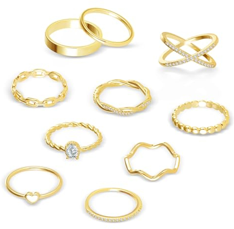 ALEXCRAFT 10 Stück Ringe Damen Gold 14 Karat Vergoldet Ring Set 57MM