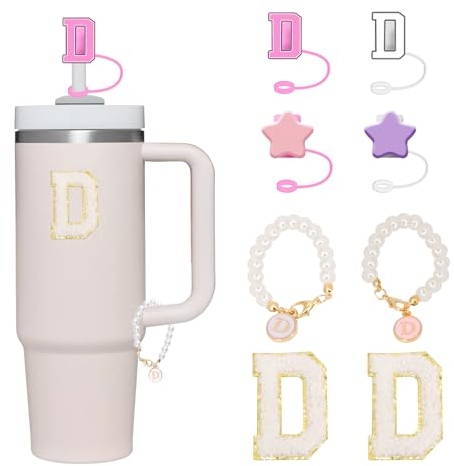 Letter Stanley Straw Cover 2Pcs Dustproof 10mm Straw Cover for Stanley Cup Accessories Include 2pcs Personalized Name ID A-Z Pearl Hangings Letter Stickers(D)