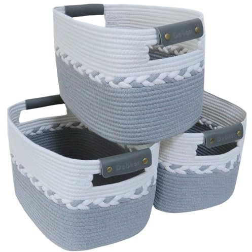 Debnor Storage Baskets for Shelves, Woven Baskets for Towels, Toys and Blankets. Decorative Cotton Rope Organiser for Cupboard Storage, Books and Laundry with matching handles, Set of 3 (Grey).