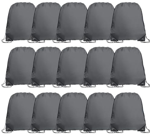 Playcrate 15 Drawstring Bags Backpack - Party Gift Bags & Sports String Bag for Gym, School, Travel Storage Organization (Grey)