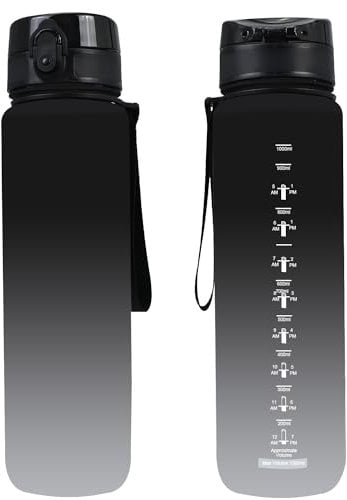 MIKOWEN Water Bottle 1L Drinks Bottle with Time Markings- Motivational Water Bottles for Gym, Hiking, Fitness, Yoga (Black-white)