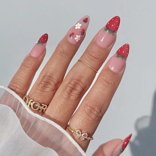 Boloshine 24 Pcs False Nails Medium Length, Cat Eye Strawberry Press on Nails Almond in 12 Sizes, Reusable Full Cover Acrylic Stick on Nails Tips Fake Nails for Girls Women Nails Art